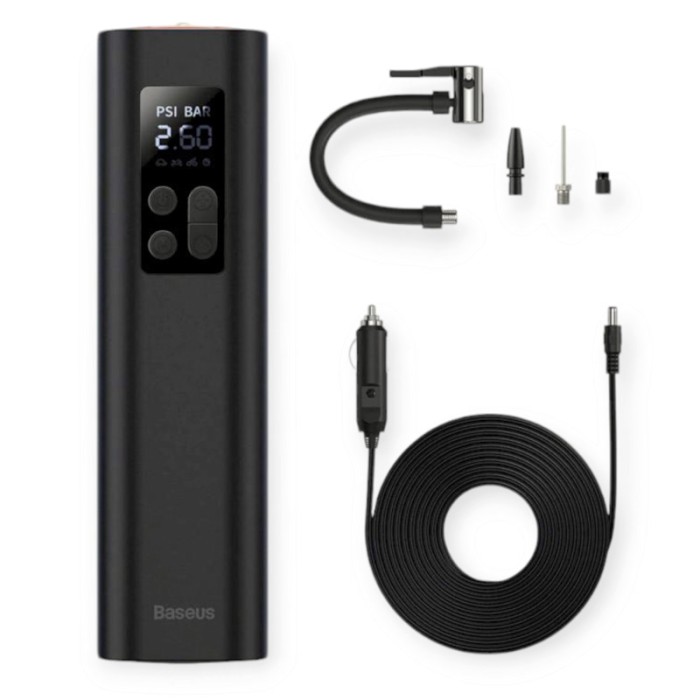 Компресор mini baseus 10атм/30л/0.18м шланг/прикур/ліхтар/насадки/led дисплей